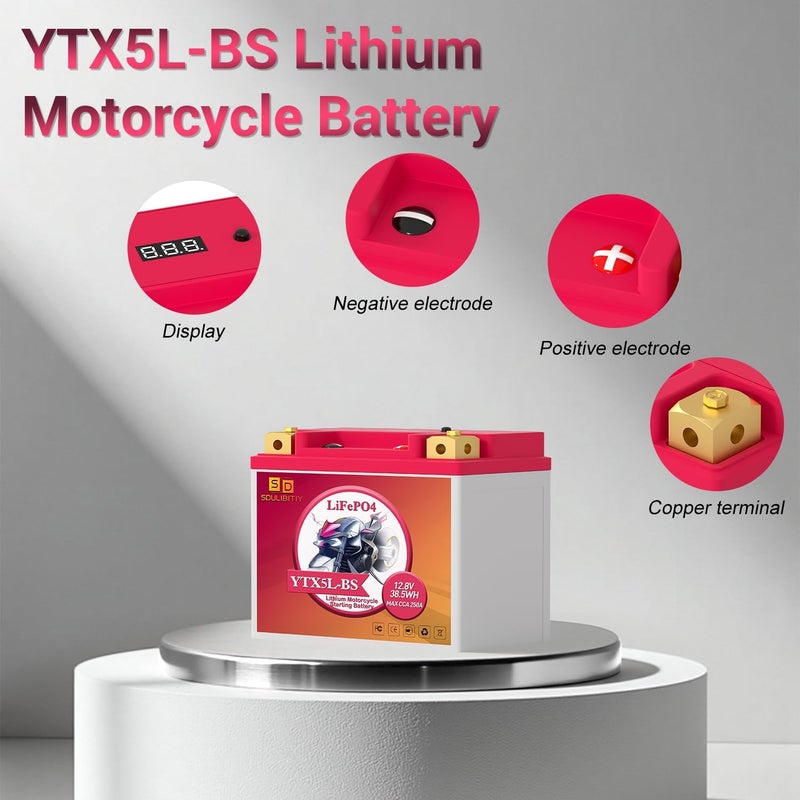 SDULIBITIY بطارية دراجة نارية ليثيوم YTX5L-BS LiFePO4 طاقة 12.8V 3Ah 250CCA بديل للدراجات النارية، ATV، UTV، سكوتر، 4 عجلات - Image 3